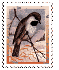 Copyright &copy; 1997 WriteLine. All Rights Reserved. Chickadee bird stamp