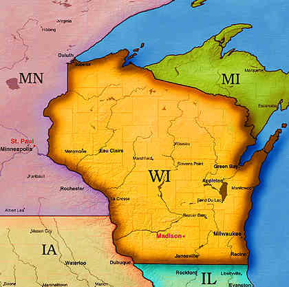 &copy; 1998 WriteLine. Wisconsin map